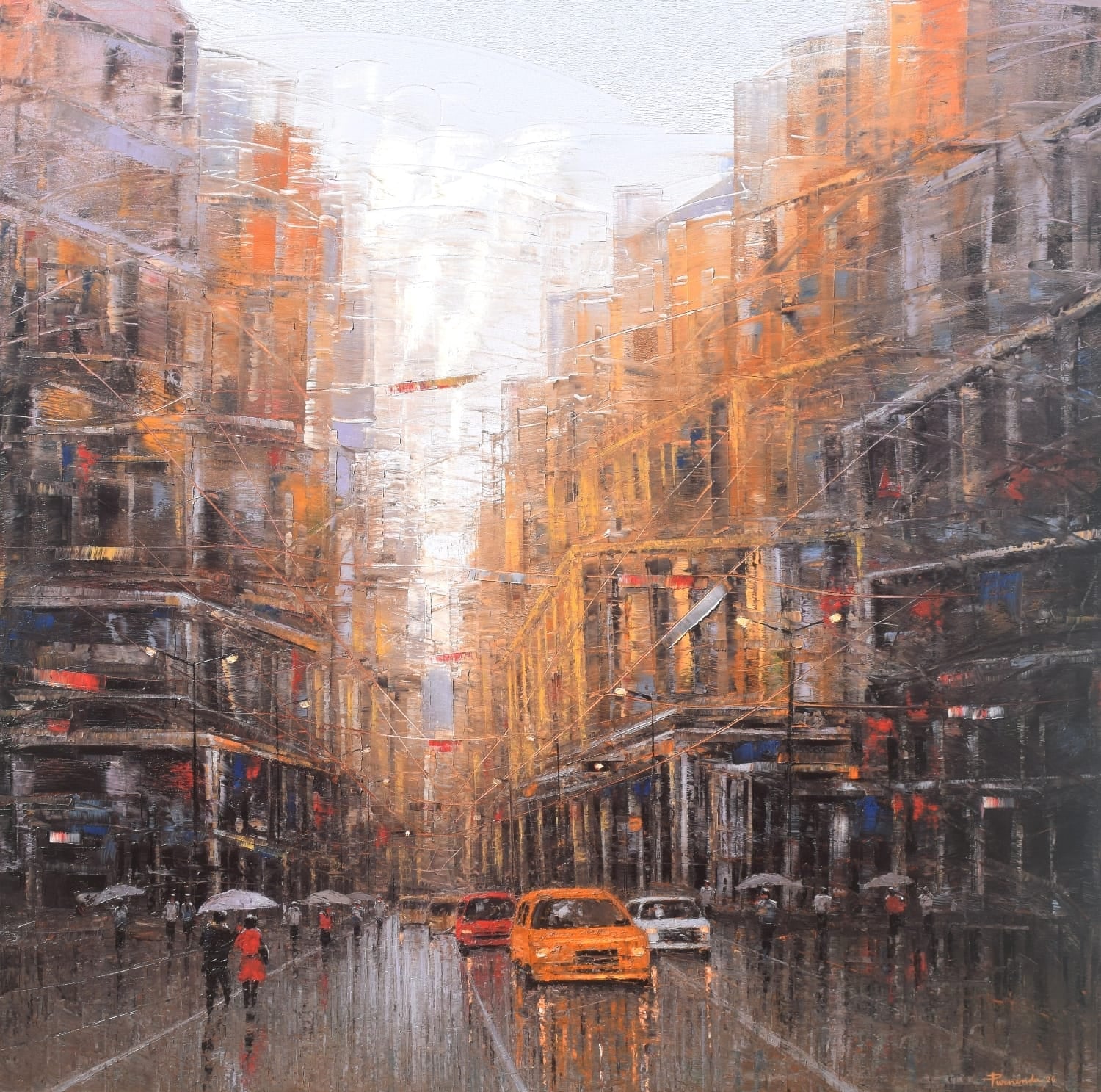 Large oil on canvas painting by Purnendu Mandal depicts a streetscape with white misty sky over a rain-soaked Indian city street.