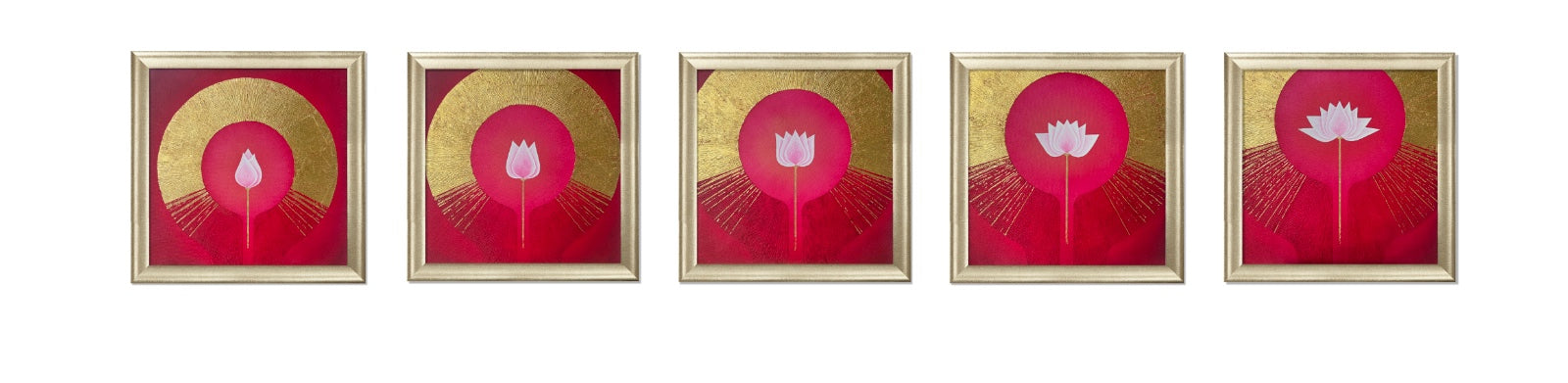 Awakening series paintings features a lotus blooming slowly; meditative paintings in red and gold tones.