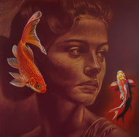 Artistic depiction of a woman with goldfish on her head against a dark background