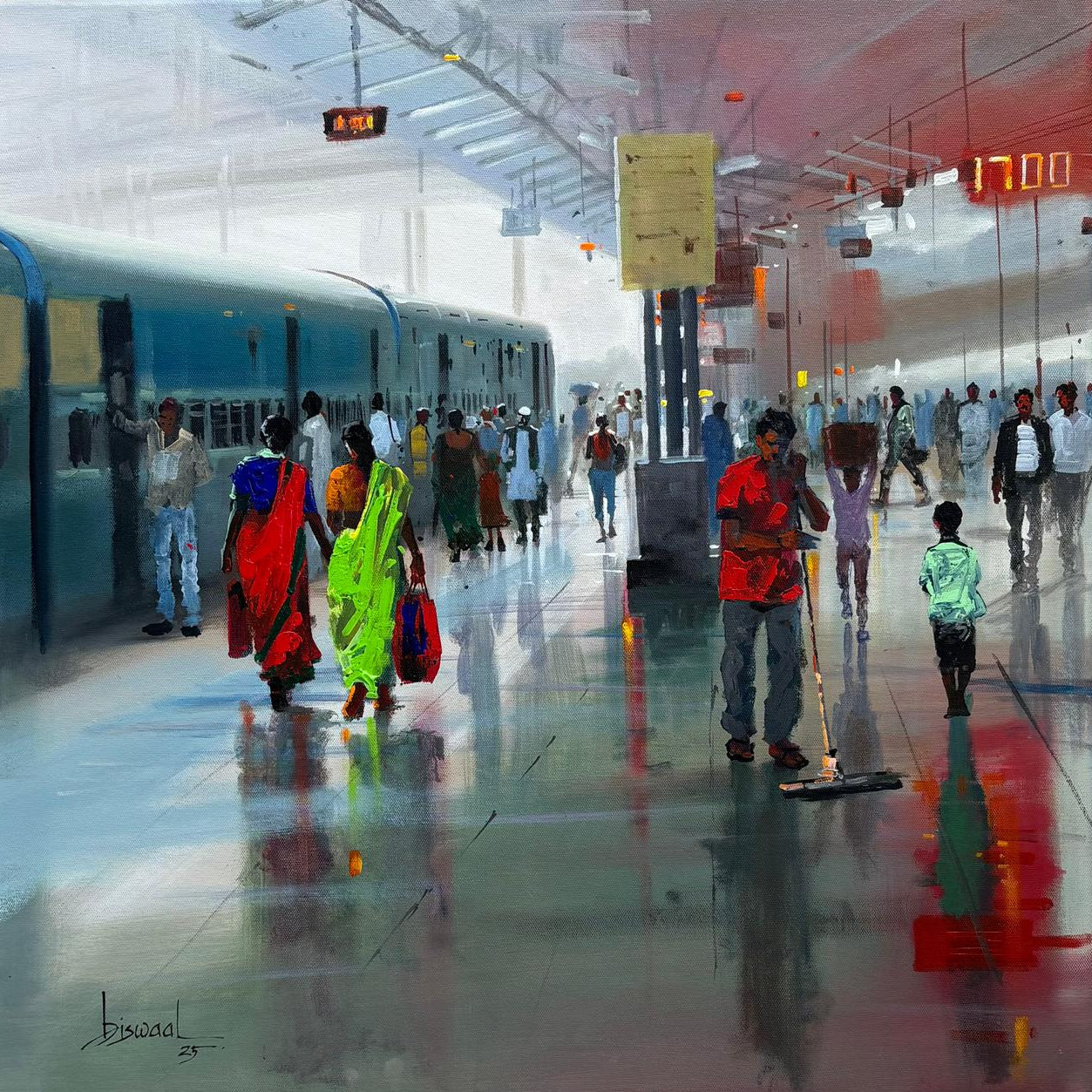 Indian Railways fine art by Bijay Biswaal showing a station staff member mopping a wet platform as commuters walk past.