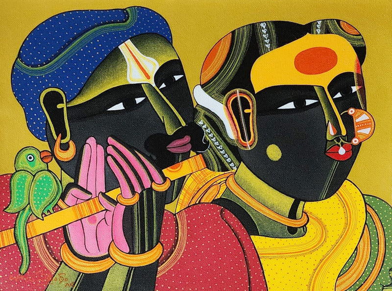 Rural Indian couple with flute and parrot painting in primary colors by Thota Vaikuntam.