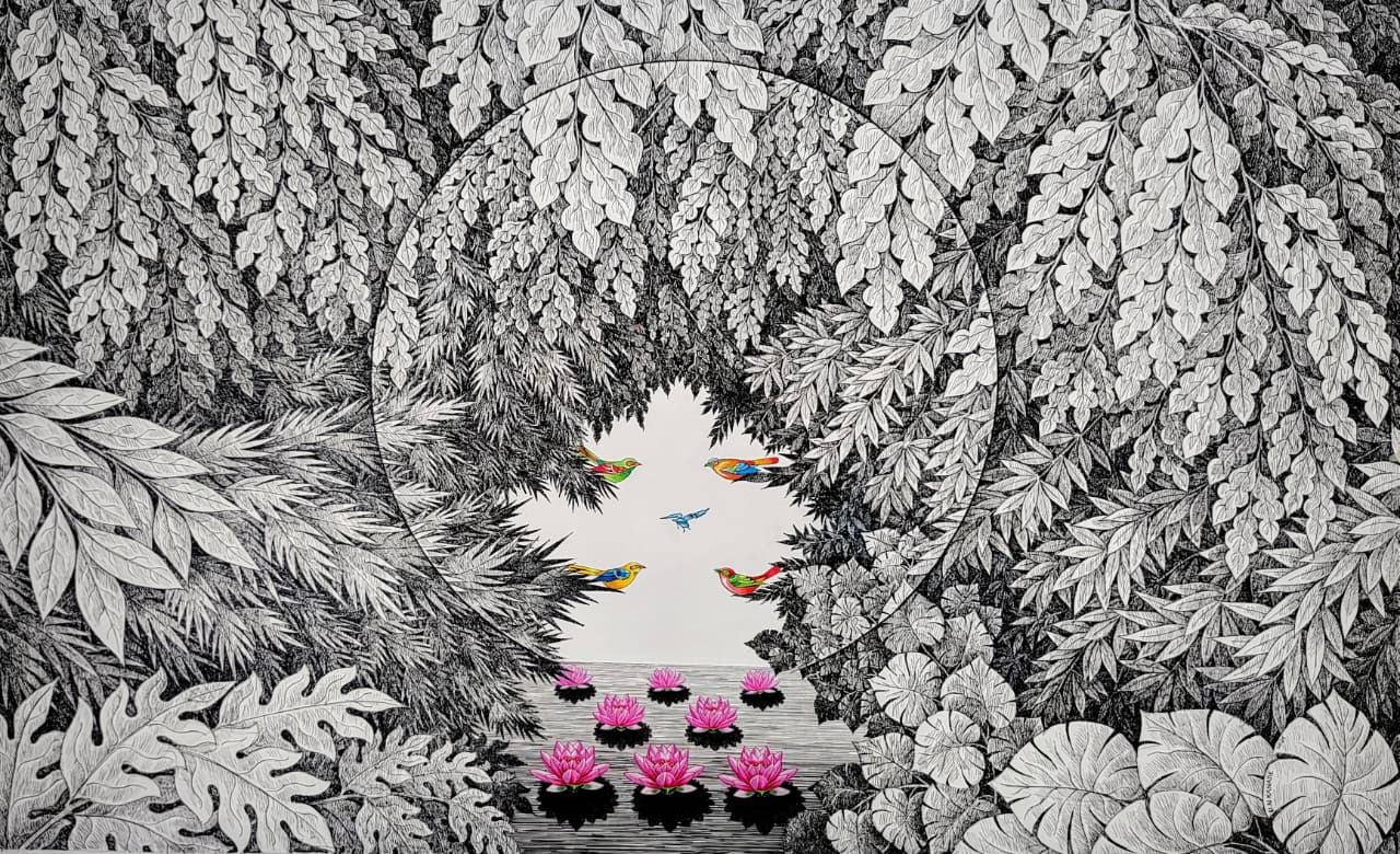 Fine Nature Art Painting; black and white illustration of a forest with colorful birds and flowers.