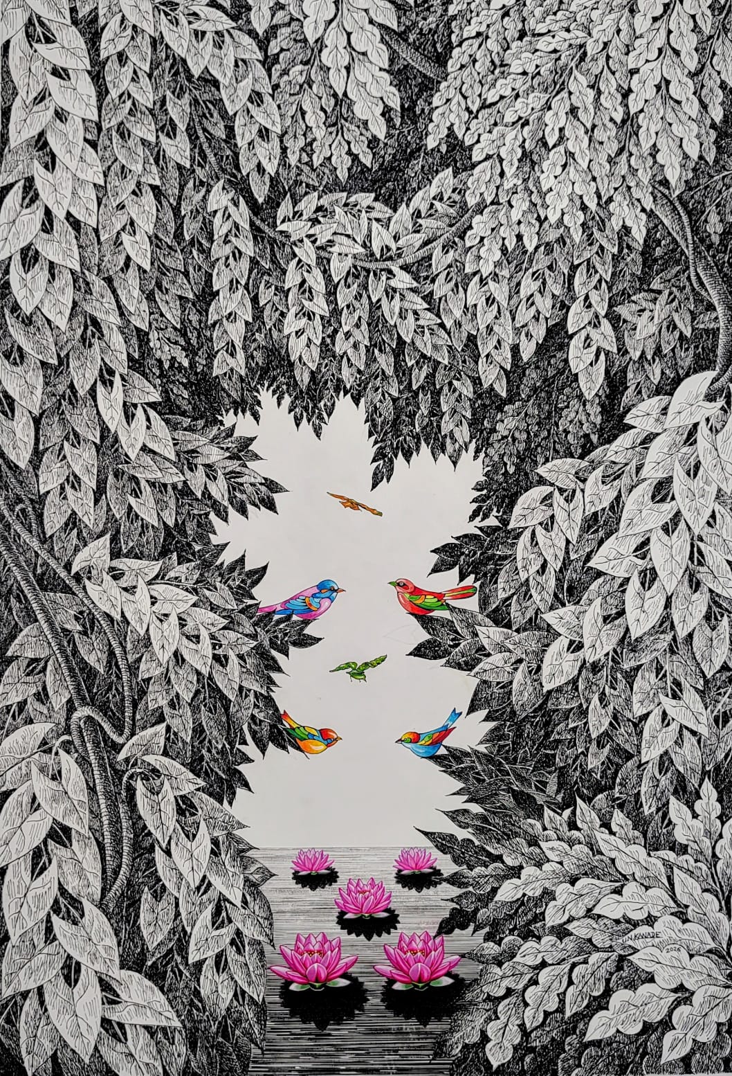 Umakant Kanade vertical monochrome nature art. It depicts lush forest cover over water body with lotus blooms and birds.