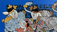 Decorative artwork of three cows with colorful patterns on a blue background.