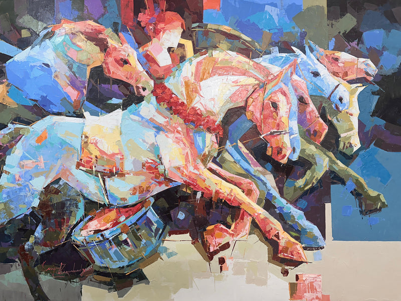 Feel the power and grace of these majestic animals as their manes catch the wind, brought to life through strong, dynamic brushstrokes.